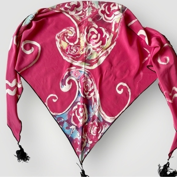 Vtg Kathy Robinson Silk Scarf Tie Dye Swirls Pink Black Trim & Tassels Triangle - Picture 7 of 16